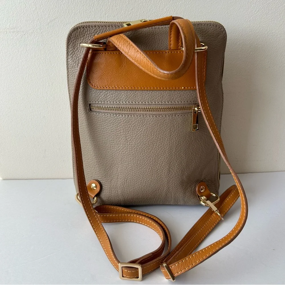 Divina Firenze Pebbled Leather Mini Backpack Purse Grey Camel Brown